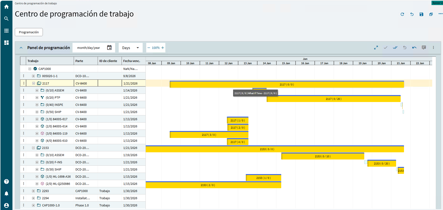 Centro de programación de trabajo de Epicor Kinetic en español con diagrama de Gantt por trabajo y operación, fechas de vencimiento y simulación what-if